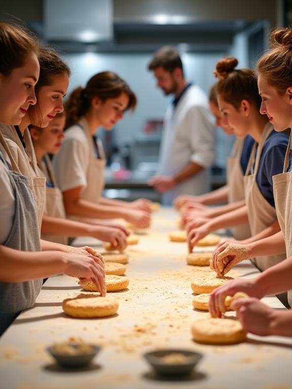 Studenti sorridenti e impegnati durante un corso di pasticceria a Firenze, con le mani sporche di farina e gli occhi pieni di entusiasmo.