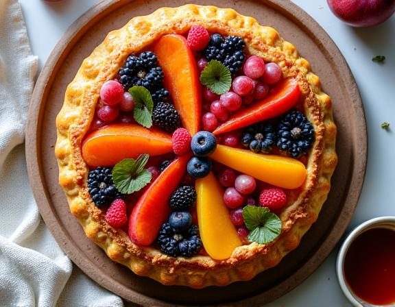 Crostata artigianale con una base di frolla dorata e abbondante frutta fresca di stagione disposta artisticamente.