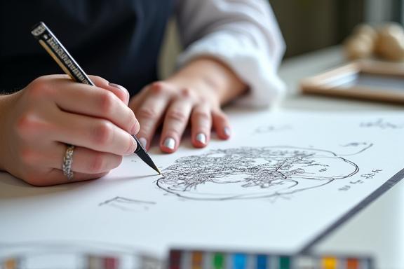 Una pasticcera attenta che disegna lo schizzo dettagliato di una torta nuziale, focalizzata sul suo lavoro creativo.