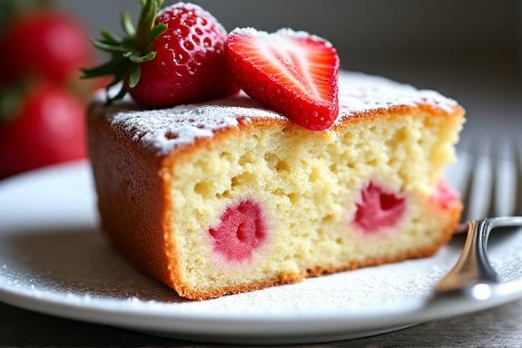 Una fetta di torta senza glutine, umida e fragrante, guarnita con abbondanti fragole fresche e una spolverata di zucchero a velo.