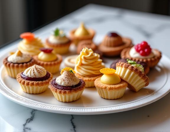 Vassoio di pasticceria mignon assortita con piccoli bigné, tartellette e mousse, presentati con cura.