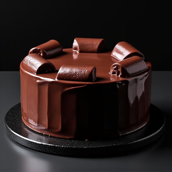 Torta moderna al cioccolato fondente con decorazioni geometriche e una lucida glassa a specchio.